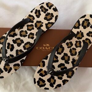 NIB Coach Women’s Flip Flop Sandals Ocelot Black Cream Runner Logo Sz 8